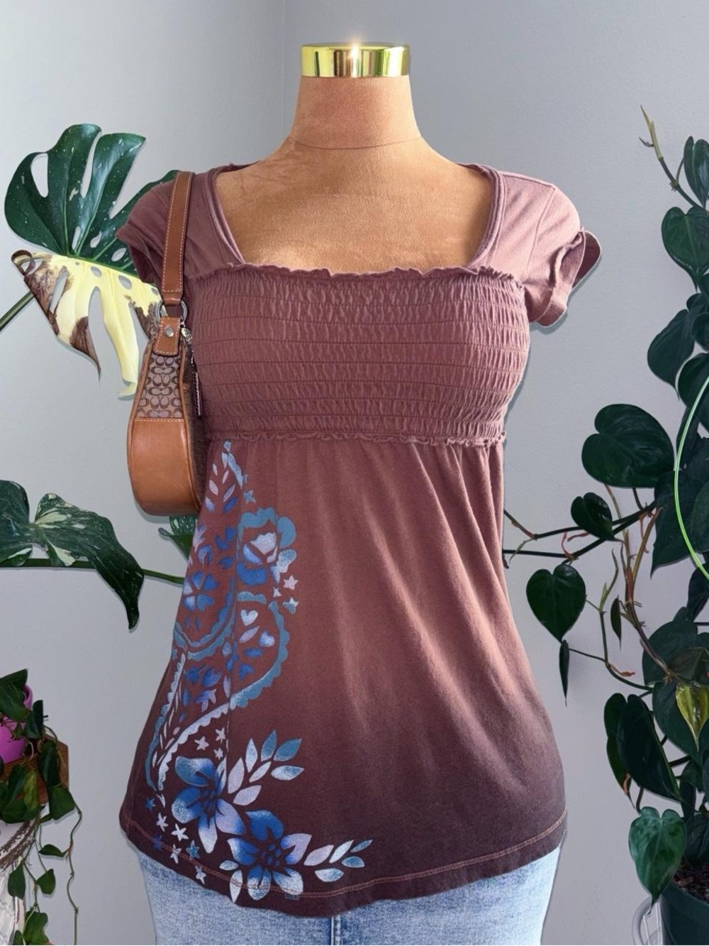 FANG Y2K Brown Babydoll Top Medium Blue Floral Smocked Tie Back
